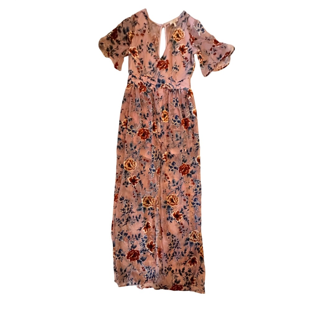 GB Floral Burnout Velvet Maxi Romper Dress Pink Sheer Overlay Small